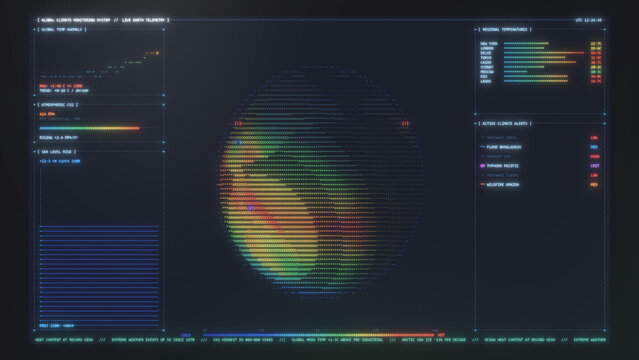 Global climate telemetry screen tracks a rainbow ascii planet flanked by temperature, co2 and disaster alert readouts, credible science look for reports and documentaries
