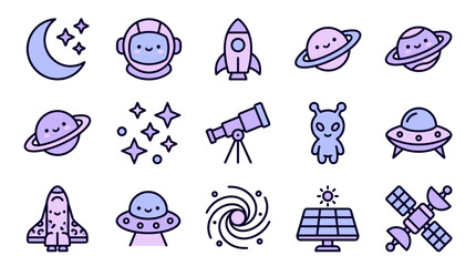 Cute Space Icons: Moon, Astronaut, Rocket, Planets, UFO, Galaxy, Satellite ©  Estelle P Alexandre