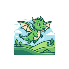 Naklejka premium Smiling green cartoon dragon flying outdoors.