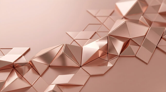 Rose gold metallic geometric abstract background with dynamic faceted polygons and triangles, creating a luxurious and modern texture. Ideal for elegant.