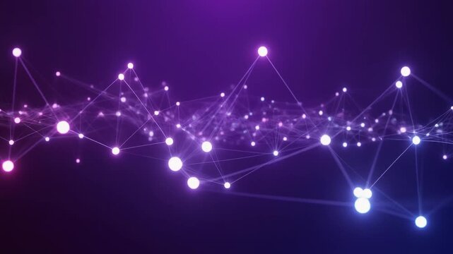 Abstract luminous data droplets connected by glowing light filaments in a soft indigo violet gradient, visualizing artificial intelligence with cinematic depth, luxury particles and copy space.