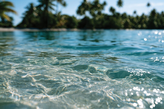 A captivating view of clear water glistening under the tropical sun, framed beautifully by lush palm trees, inviting relaxation and the essence of a peaceful getaway.