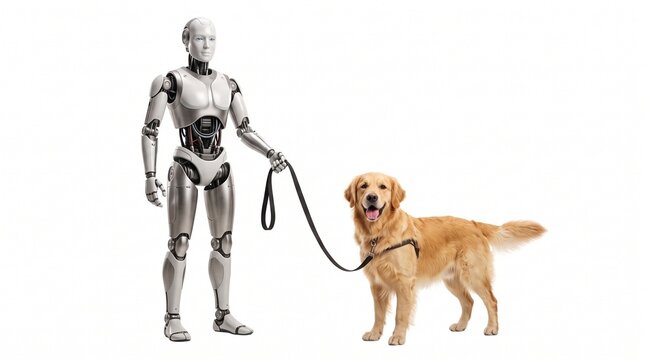 Futuristic humanoid robot walking a happy golden retriever dog on a leash against a white background isolated white background
