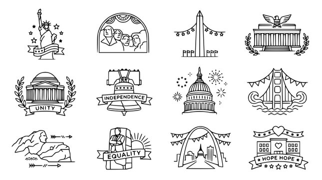 USA Landmarks Collection: Iconic American Symbols in Line Art Style