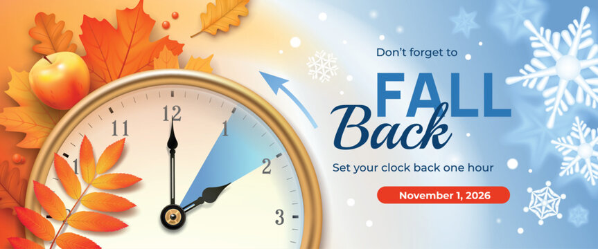 Fall time back. Daylight saving, autumn clock change realistic banner november end hour turn pointer 2026 schedule 3d timer design orange background garish vector illustration
