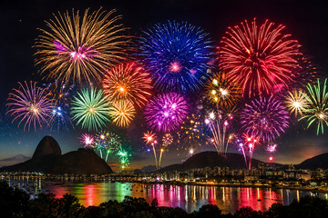 Obraz premium Colorful fireworks display over a city skyline. Vibrant pyrotechnics lighting up night sky.