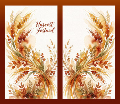 Set of harvest festival cards with vivid design, text and no text, trendy watercolor style