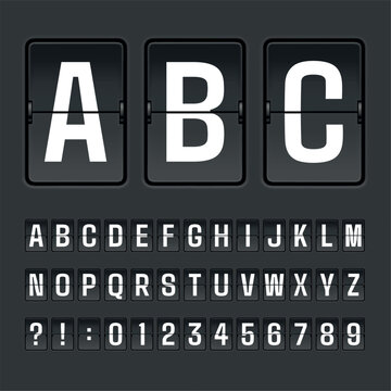 Flip board font. Departure scoreboard, arrival flight schedule countdown display clock number letter alphabet analog time retro counter type 3d realistic garish vector illustration