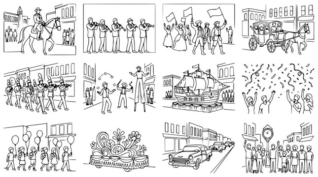 Collection of Vintage Parade Scenes: Horse Rider, Band, Float, Carriage, Cars, Confetti