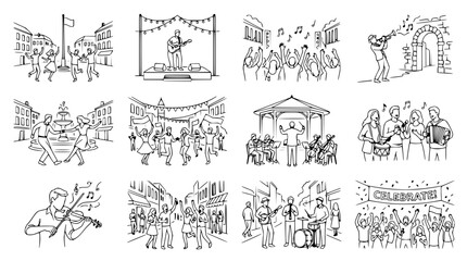 Obraz premium Street music festival, outdoor concert, live band performance, happy crowd, urban celebration, sketch drawing
