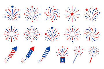 Obraz premium Fireworks icon set. Patriotic red white and blue pyrotechnics collection for holiday design.