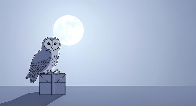 Owl perched on gift box under full moon in twilight sky, suitable for holiday greeting cards, seasonal marketing, festive illustrations, and nighttime themed designs.