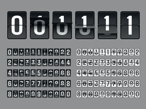 Scoreboard flip animation. Countdown number, clock counter timer airport digital score board date analog calendar mechanical flap year panel retro count garish vector illustration