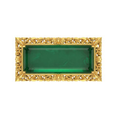 Elegant horizontal plaque with a deep emerald green glass center encased in ornate gold filigree featuring floral carvings on white background luxury display concept © Mara