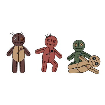 Three Voodoo Dolls, Cartoon Style, Isolated on White Background