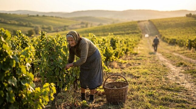 Elderly woman harvests grapes in a sunlit vineyard, wicker basket beside her and rows of vines stretching into hills, calm rural mood and seasonal farm work