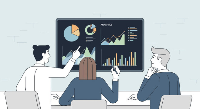 Business professionals analyzing financial charts on computer screens.