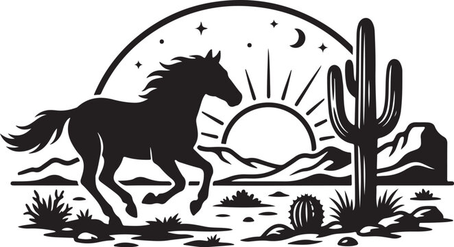 Vintage wild horse silhouette running in desert landscape, western mustang stallion vector, rustic southwest sunset scene with saguaro cactus and mountains