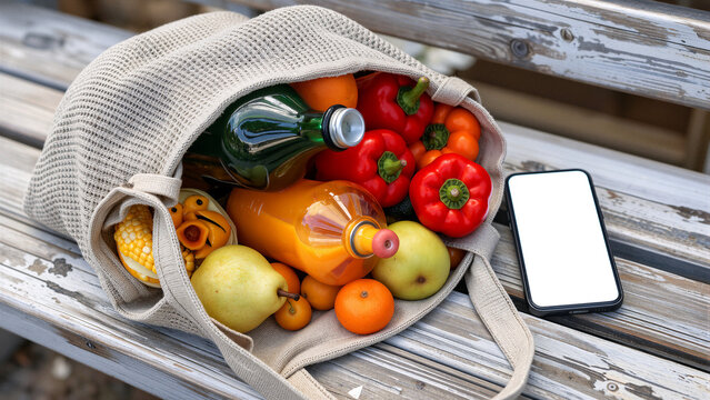 Reusable grocery bag filled with fresh produce and drinks