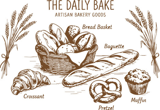 Hand drawn set of bakery goods including bread basket baguette croissant pretzel and muffin with wheat illustrations Vector