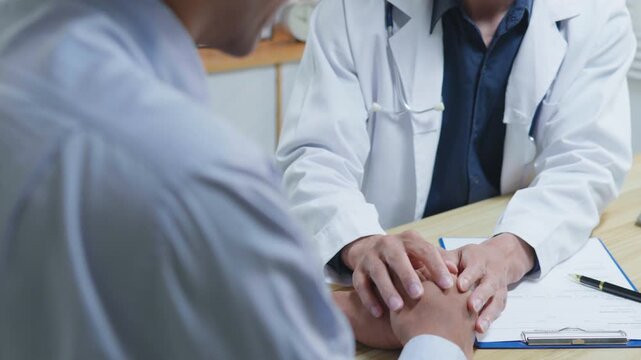 Doctor holding a patient&rsquo;s hand to provide comfort, reassurance and emotional support during a medical consultation in a clinic, representing compassionate healthcare, trust and patient-centered care.