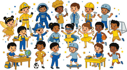 Children dream jobs and education concept illustration set with diverse happy boys and girls dressed up in professional careers uniforms isolated vector.