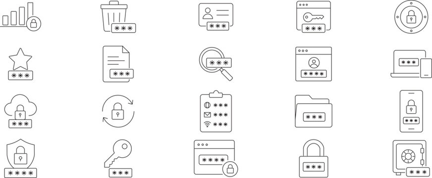 Password Security & Authentication Line Icons Set &ndash; Identity Protection, Password Manager, Login Security Vector