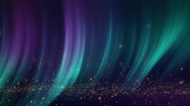 Elegant aurora gradients blend teal, sapphire and violet with drifting golden particles over a dark premium background, creating a cinematic luxury technology backdrop with generous copy space.