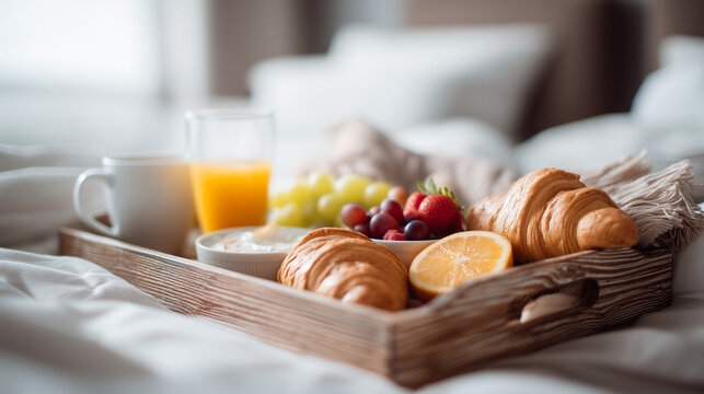 Fresh breakfast served on a wooden tray in bed with croissants, fruit, yogurt, coffee and orange juice. Cozy morning, hotel room service, relaxation, comfort and healthy lifestyle concept.