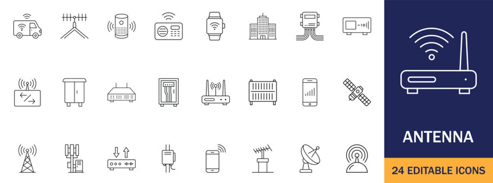 Antenna line and solid icon set vector illustration for wireless tech templates