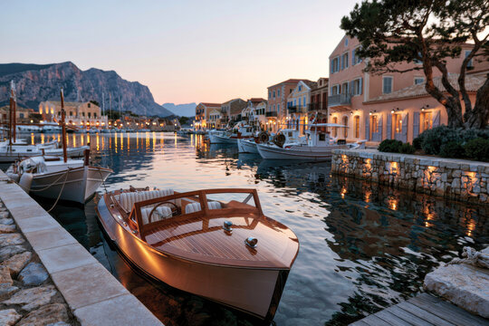 Capture the essence of a picturesque harbor filled with charming fishing boats reflecting on calm waters, framed by alluring light and stunning mountain backdrop.