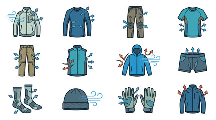 Collection of breathable outdoor clothing and accessories for various weather conditions. © Faiz