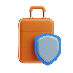 A vibrant orange suitcase paired with a blue security shield, symbolizing travel safety and protection. Ideal for travel-related themes. © Satria