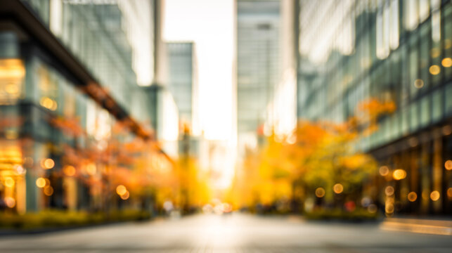 ビル街と紅葉した並木が色づく秋の都市風景
