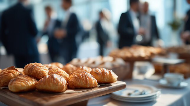Fresh buttery croissants displayed during a corporate breakfast buffet with business professionals networking in the background. Hospitality, catering and business event concept.