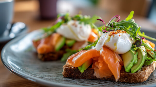 Smoked salmon and avocado toast topped with poached egg and fresh greens. Healthy gourmet breakfast, brunch menu, caf&eacute; dining and nutritious lifestyle concept.
