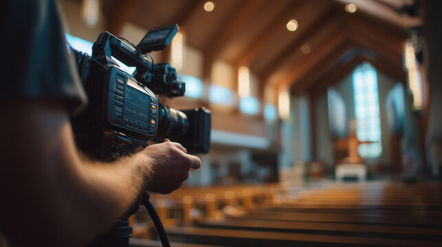 Professional video camera recording the interior of a church, representing live streaming, broadcasting, filmmaking, media production, religious events and audiovisual technology.