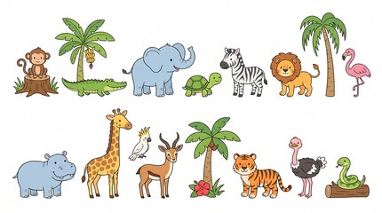 Obraz premium Jungle animals. Cute safari wild mammals. Funny exotic mammal, bird and reptile. Elephant, parrot, lion, crocodile, turtle and palm tree. Kids vector set