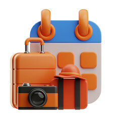 A collection of travel essentials featuring a suitcase, camera, and calendar in vibrant orange tones. Ideal for travel planning and adventure themes. © Satria