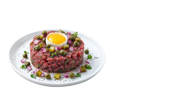 A plate of beef tartare topped with a fresh egg yolk, capers, and herbs. This dish is a classic gourmet delicacy often enjoyed in fine dining.