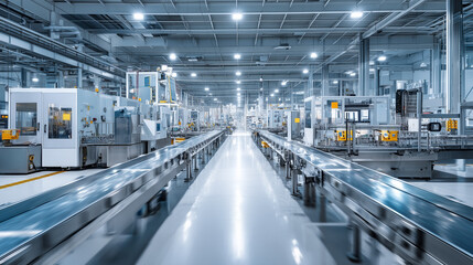 Obraz premium Wide view of a clean automated manufacturing plant with production lines and industrial machinery, representing modern industry, factory automation and advanced manufacturing technology.