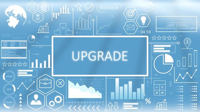 Upgrade, Animated Typography.Digital system upgrade dashboard concept showing corporate standards and software optimization metrics on a blue graphic screen.