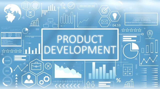 Product Development, Animated Typography.Product development dashboard concept with glowing blue business interface and optimization charts on an abstract corporate background.