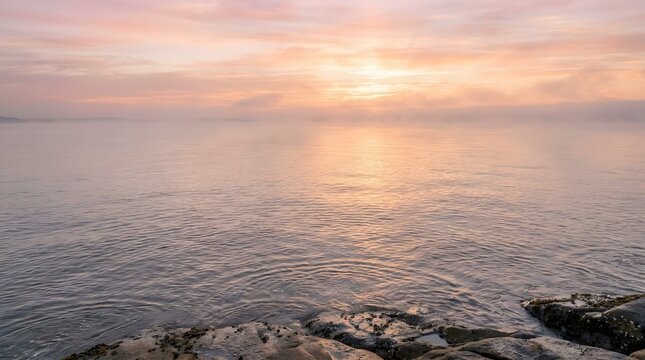 Serene morning mist gently hovers over the calm reflective waters of the lake, capturing the delicate hues of a pastel sunrise, creating a breathtaking and tranquil natural landscape