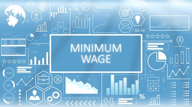 Minimum wage, Hologram Concept Virtual Reality.Corporate minimum wage policy and employee compensation dashboard concept showing labor management metrics on a blue graphic screen.