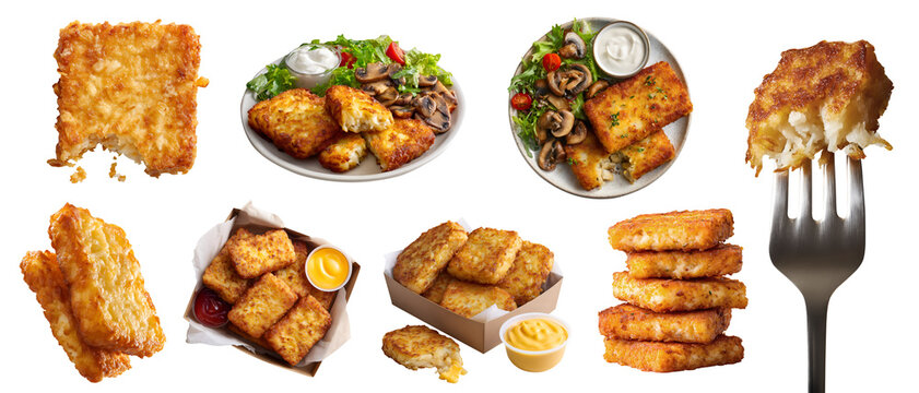 Set of golden brown julienned potatoes Hash hashed browns hashbrowns, takeout box with mustard ketchup, fork, plate with sauteed mushroom salad, stack pile broken, transparent cutout PNG mockup