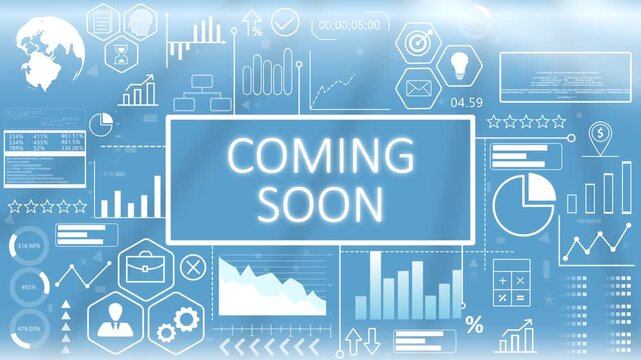 Coming Soon, Animated Typography.Product coming soon announcement screen featuring a glowing blue digital business interface with abstract project preview metrics.