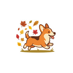 Obraz premium Corgi dog running in autumn leaves.