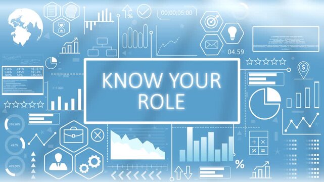 Know Your Role, Animated Typography Hologram.Corporate organization dashboard concept displaying know your role team structure metrics and employee responsibility charts on a blue graphic screen.