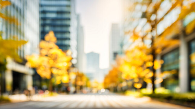 ビル街と紅葉した並木が色づく秋の都市風景